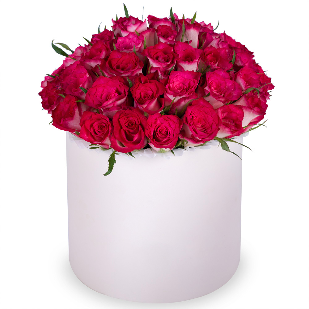 Букет из 51 бело-малиновой розы в кремовой шляпной коробке Букет из 51 бело-малиновой розы в кремовой шляпной коробке
