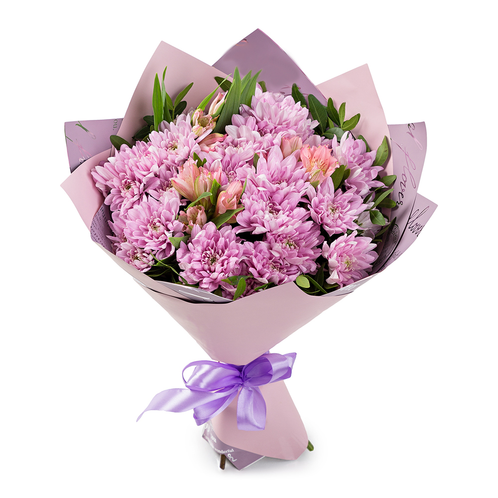 Букет из 7 хризантем с зеленью Букет из 7 хризантем с зеленью